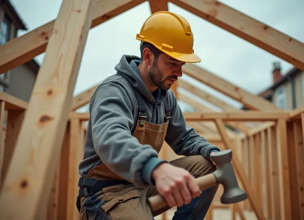 Charpentier casqué assemblant à la main une ferme de toiture en bois, marteau en main, sur une charpente en cours de montage