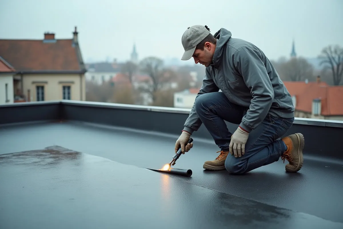 Ouvrier appliquant une membrane bitumineuse au chalumeau sur une toiture-terrasse