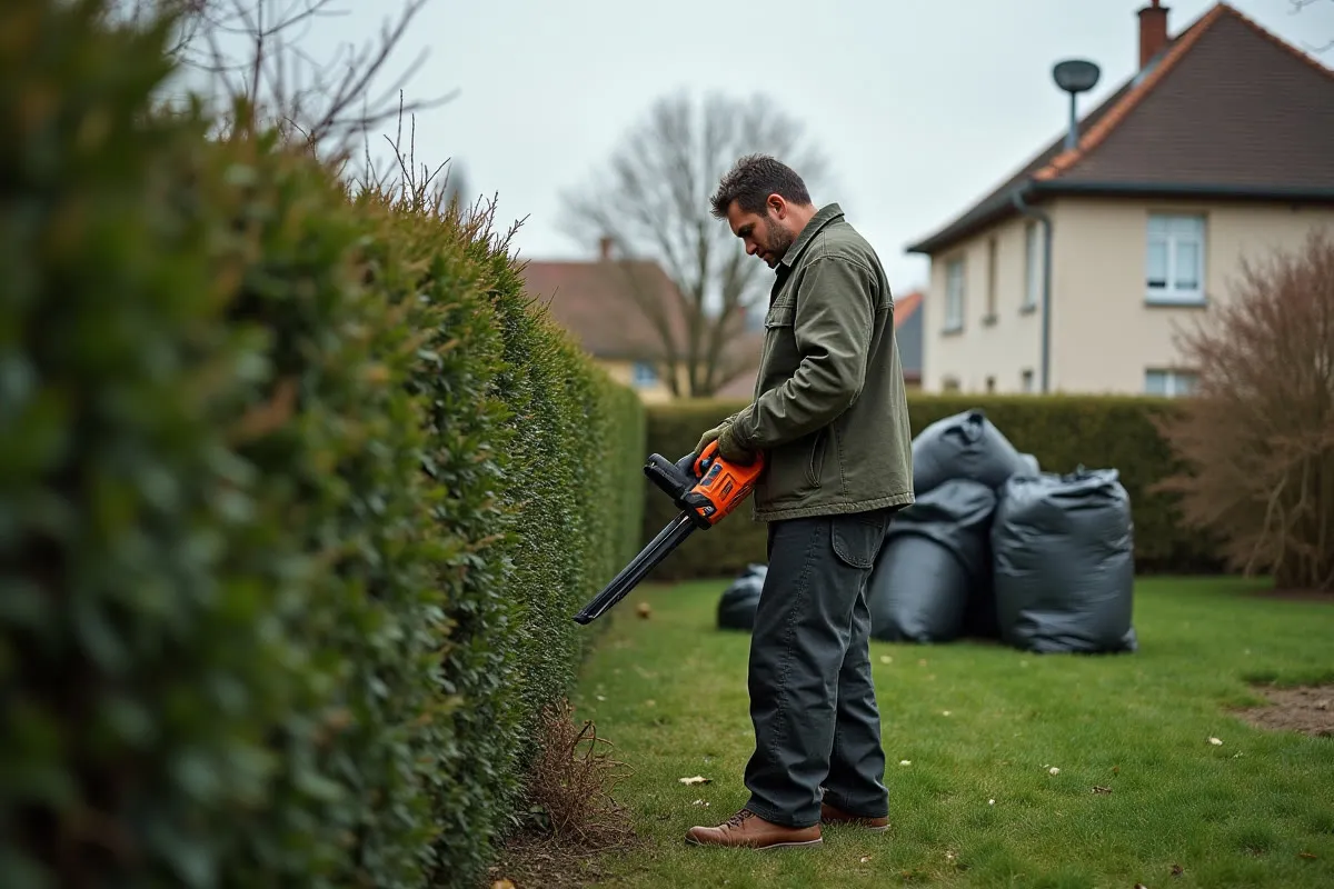 Jardinier taillant une haie dans un jardin de maison de ville
